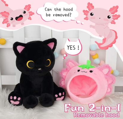 Black Cat Plush (Strawberry Axolotl Hood)